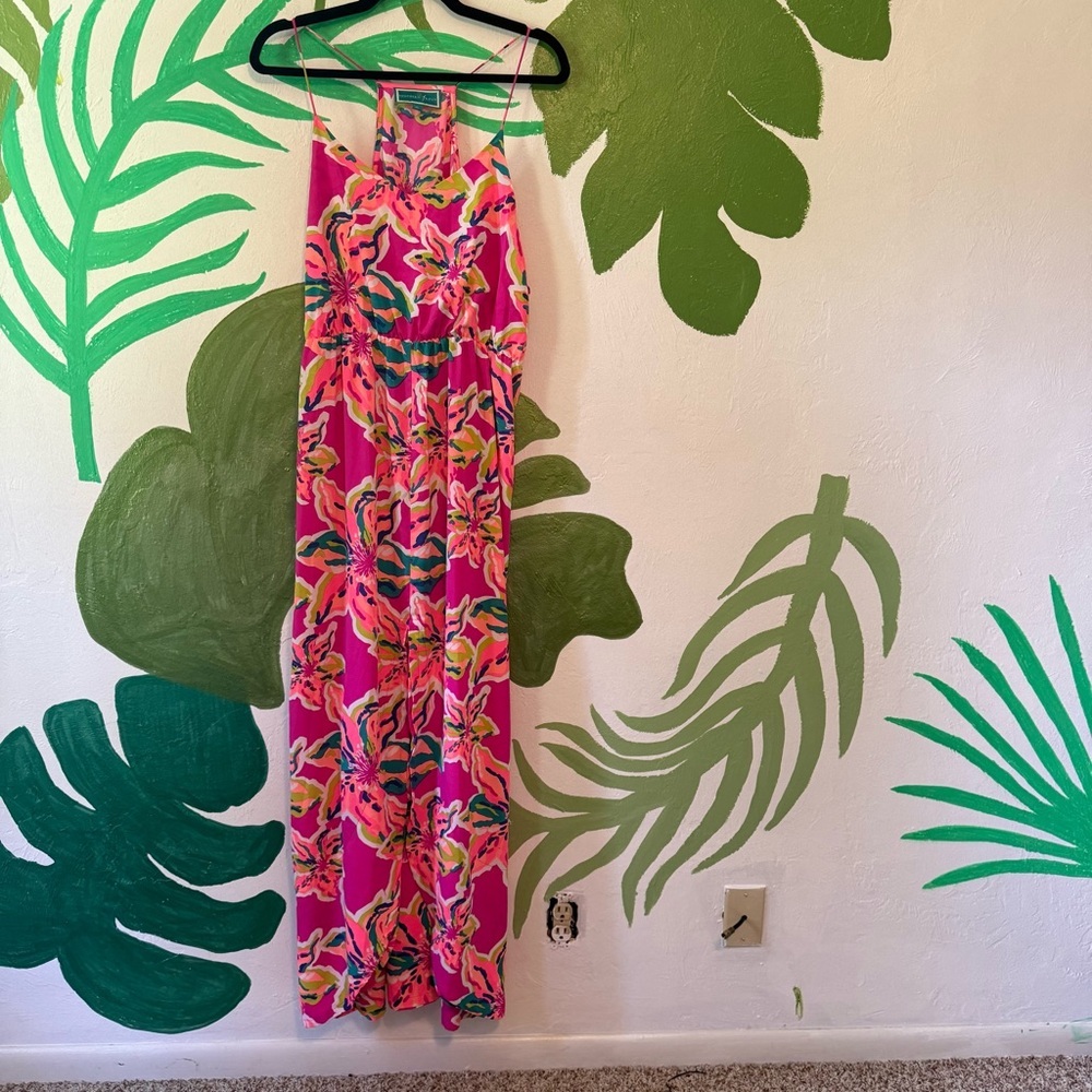 Bright Neon Pink Floral Maxi One-Piece Dress with Slit - Picture 5 of 7